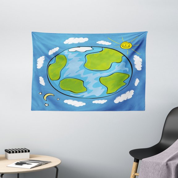 Earth Tapestry, Child's Drawing of the Planet Earth Surrounded with Clouds Day and Night Cycle, Wall Hanging for Bedroom Living Room Dorm Decor, 60W X 40L Inches, Blue Green White, by Ambesonne