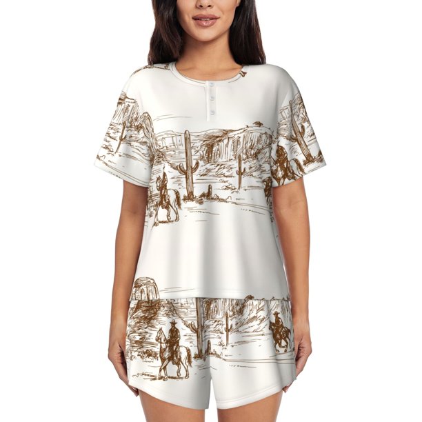 Fotbe Western Desert Cowboys Conjunto de Pijama Estampado para Mujer, 2 Piezas, Ropa de Dormir con Camiseta de Manga Corta y Shorts Suaves-3X-Large