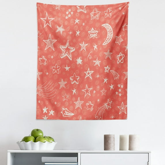 Coral Tapestry, Moon and Stars Theme Pattern Starry Night Shooting Stars Space Galaxy Style, Fabric Wall Hanging Decor for Bedroom Living Room Dorm, 5 Sizes, Coral White, by Ambesonne