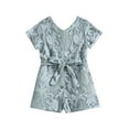 thumbnail image 1 of Toddler Baby Girls Summer Romper, Short Sleeve Crew Neck Lace Flower Short Jumpsuit One-Piece Clothes with Belt, 1 of 9