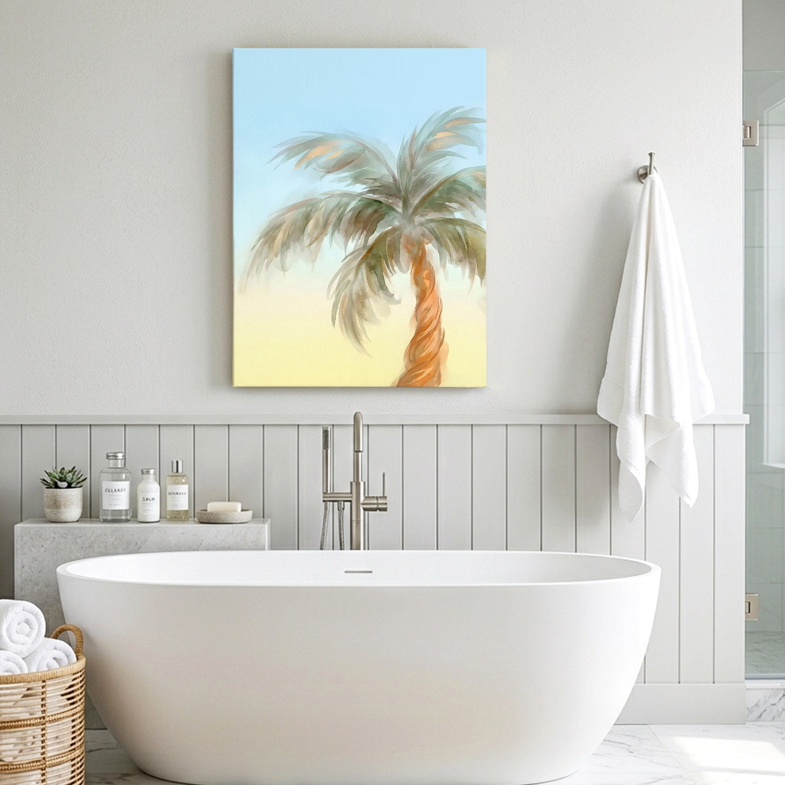 Summer Palm Tree Canvas Wall Art for Living Room, Coastal Tropical Plant Watercolor Texture Poster Print Painting for Bedroom Office Home Decoration Wall Pictures Prepare To Hang 22"x28"