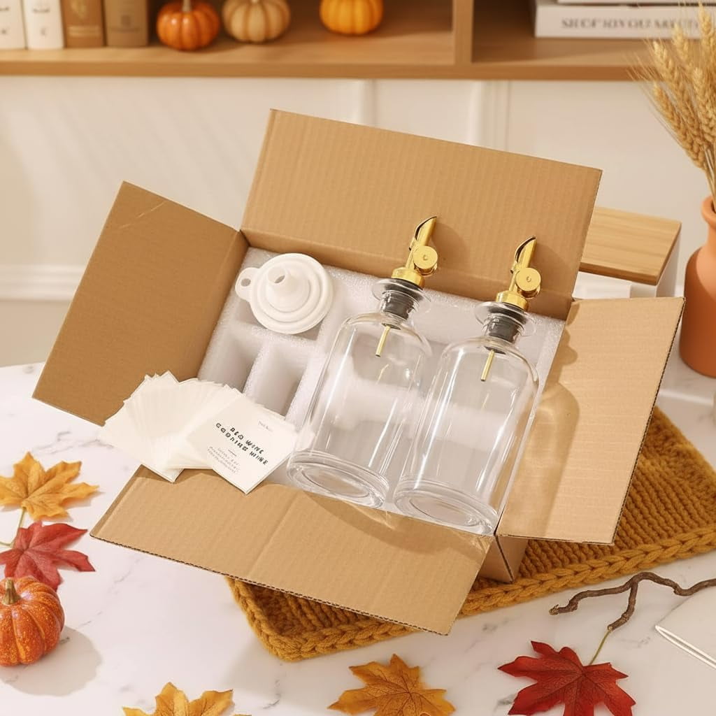 Olive Oil Dispenser Bottle - Includes Kitchen Essential Labels - Cooking Oil Bottles for Kitchen, Coffee Syrup Dispenser - Pourer Spout with 16.9 fl oz Glass Container Cruet - 2pcs, Gold
