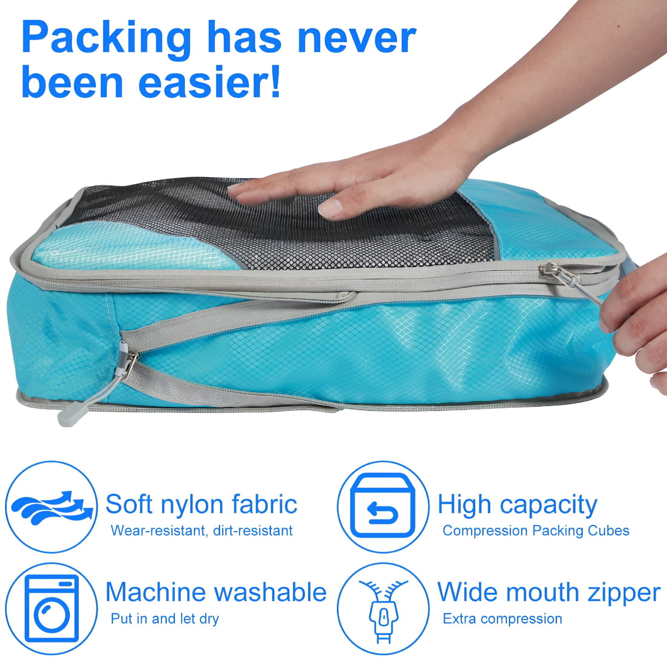 XIBUFE 2026 New 5Pcs Compression Packing Cubes Lightweight Durable Travel Packing Cubes with Storage Bag Nylon Luggage Suitcase Organizer Bags Space Saving Packing Cubes for Travel Suitcase