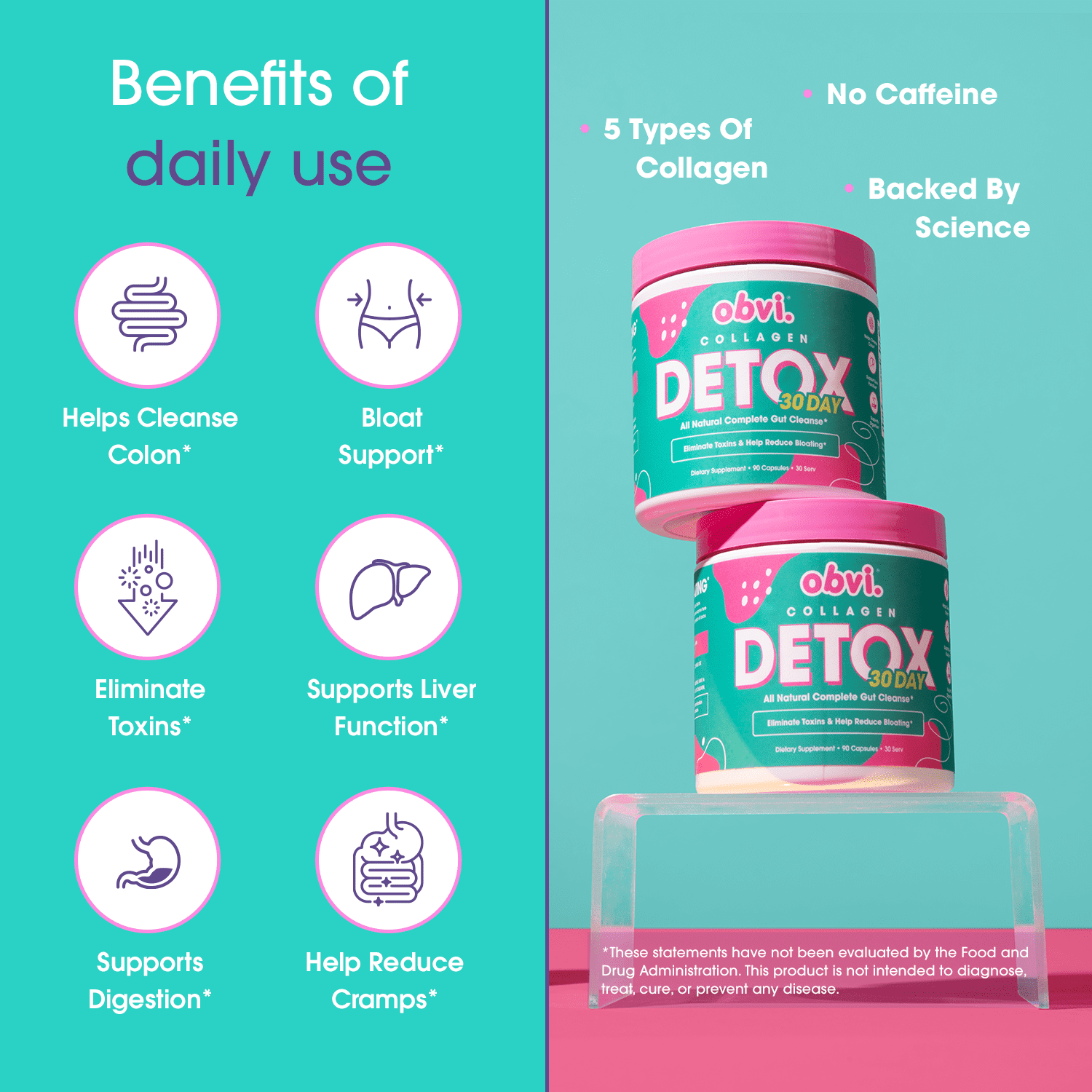 Obvi 30 Day Collagen Detox, All Natural Complete Gut Cleanse, 90 Capsules (30 Servings)