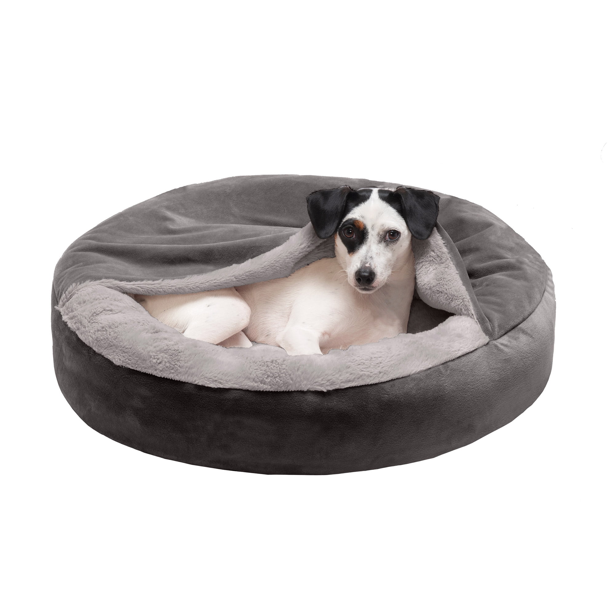 FurHaven Pet Dog Bed | Wave Faux Fur & Velvet Hooded Donut Pet Bed for Dogs & Cats, Dark Gray