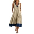 thumbnail image 3 of Oksale Flowy Dresses for Women Trendy Denim Print Deep V Neck Tank Dress with Pockets Loose Cozy Midi Vacation Dresses Beige 2XL, 3 of 10