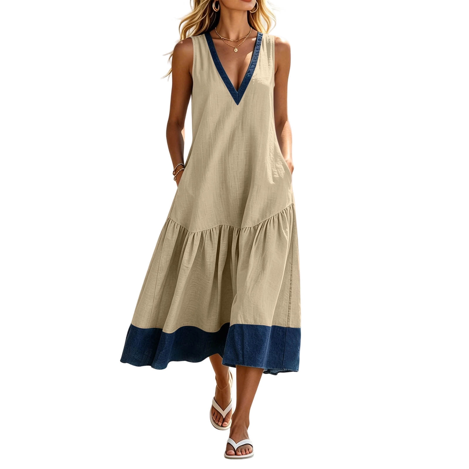 asdoklhq Wedding Guest Dresses for Women Casual Fall Fashion Casual V-Neck Sleeveless Patchwork Pockets Beige L