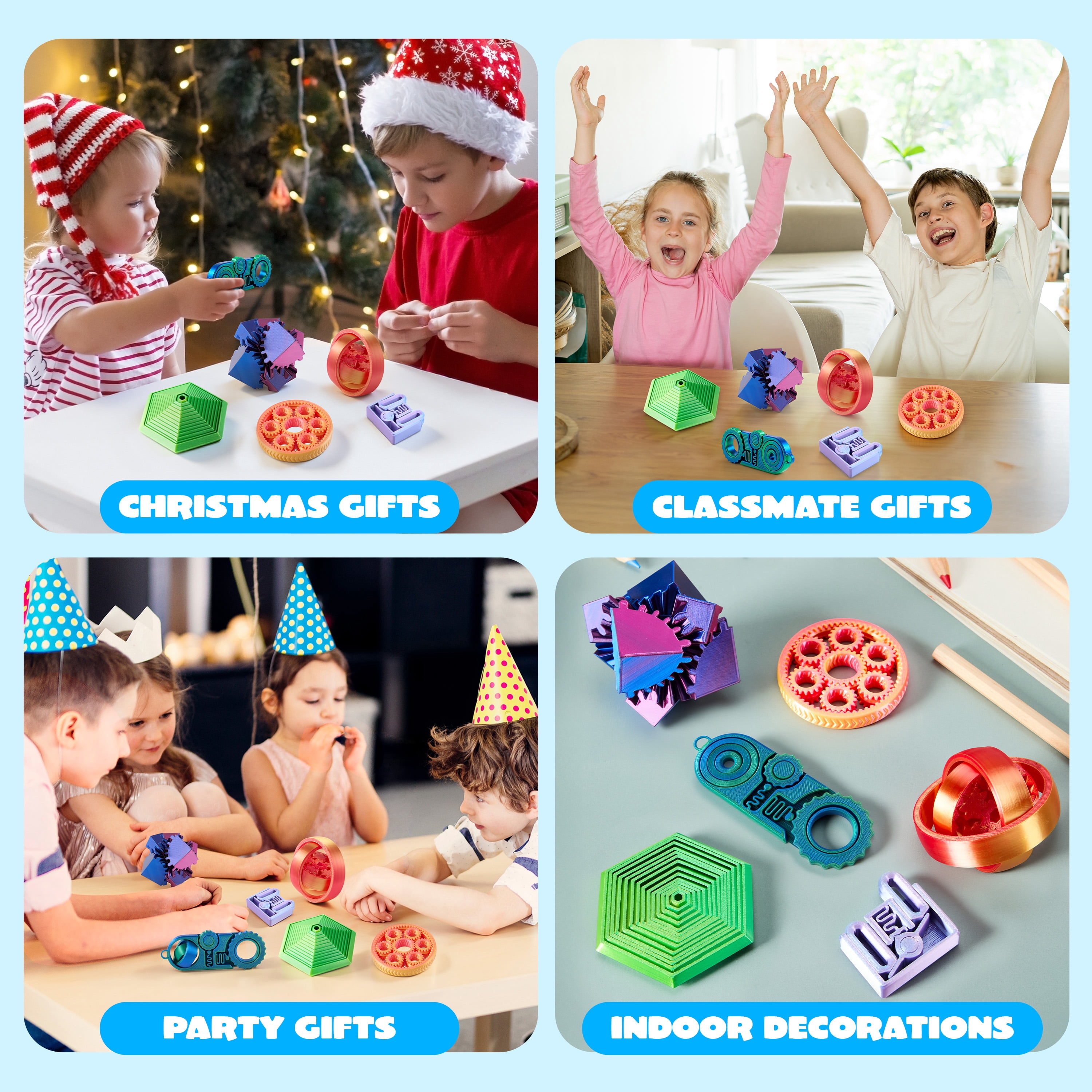 Joyfy 6 Pcs 3D Printed Fidgets Spin Fractal Click Gear Stress Relief Toys for Kids & Adults, Metallic Color ADHD Autism Product, Sensory Tools, Gifts for Birthday Christmas