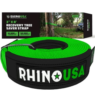 Rhino USA Tree Saver Tow Strap (3" x 8') - 31,518lb Break Strength - Emergency Recovery Strap Winch Extension (Green)