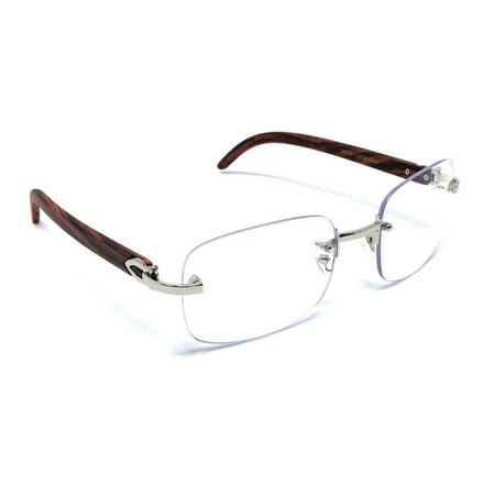 Rimless Rectangular Dapper Metal & Wood Eyeglasses Clear Lens Sunglasses Silver & Cherry Wood Frames