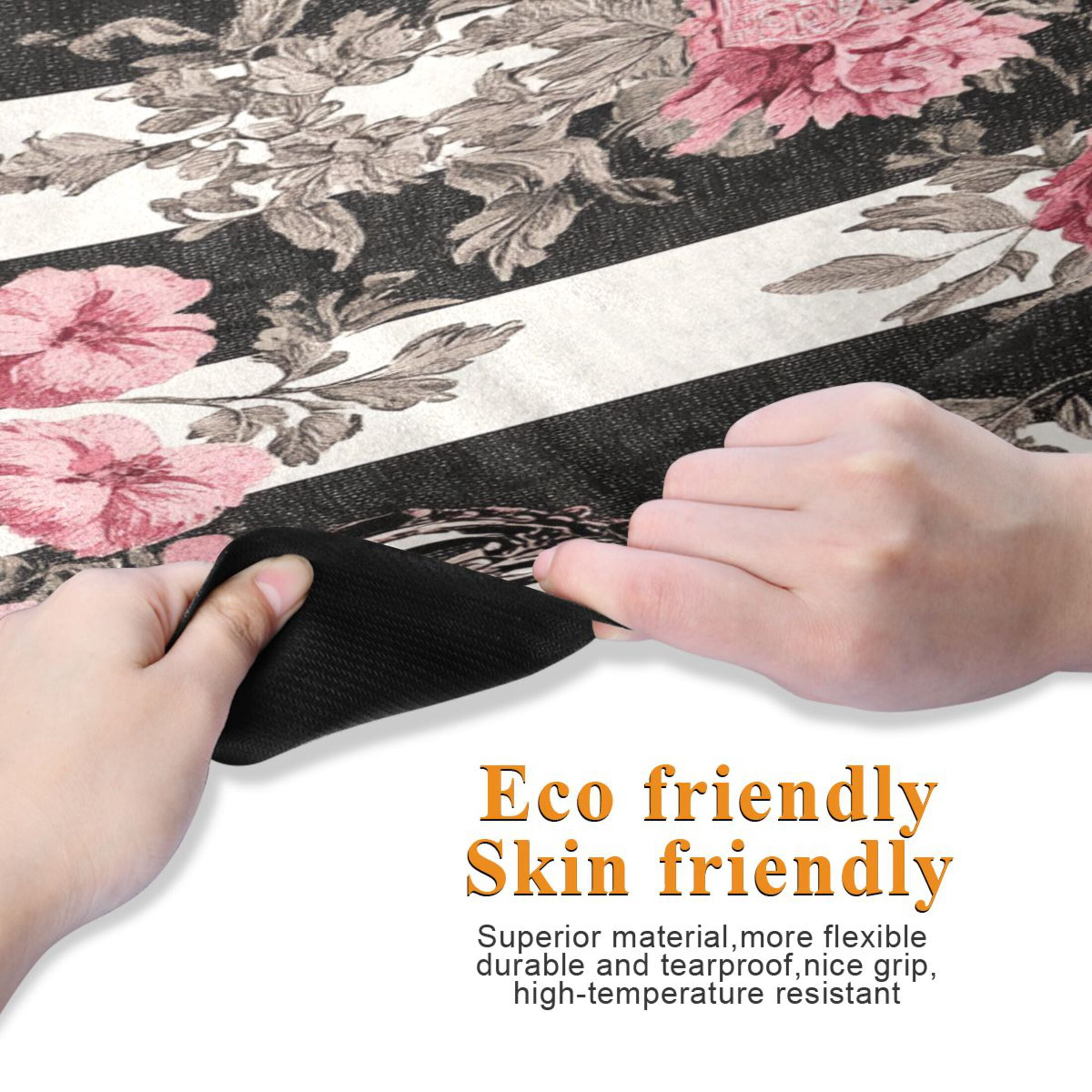 BZSMCE Yoga Mat Women Black White Stripes Pink Roses Fitness Mat