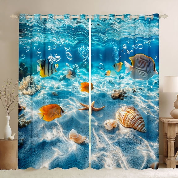 Manfei Tropical Fish Starfish Seashell Black Out Curtains for Kids Boys and Girls, Marine Life Print Curtains Pack of 2 (42x63 Each)
