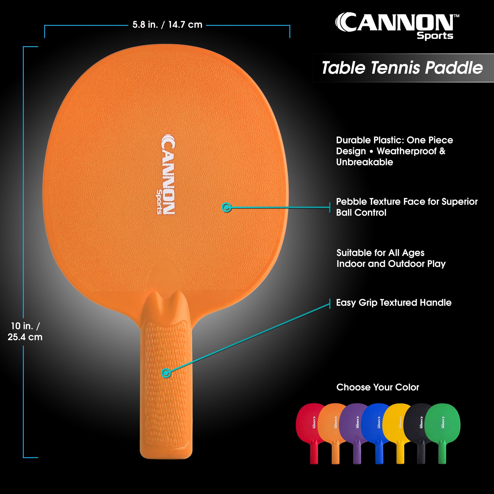 Cannon Sports Unbreakable Table Tennis Paddles - Waterproof & Weather Resistant Table Tennis Rackets for Indoor & Outdoor Use – Textured Easy Grip Handle – Multiple Color Options (Orange)