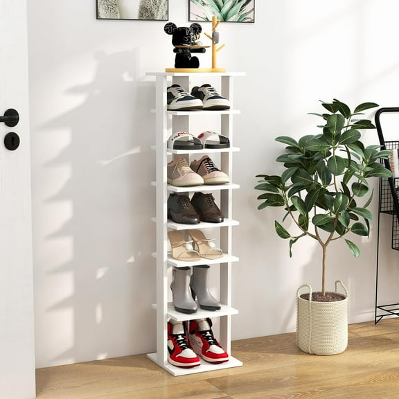 HOMGX 7-Tier Vertical Shoe Rack, Tall Narrow Shoe Storage with Removable Shelves, Space Saving Shoe Tower Organizer, Free Standing Corner Shoe Rack for Entryway, Bedroom, Living Room (White)