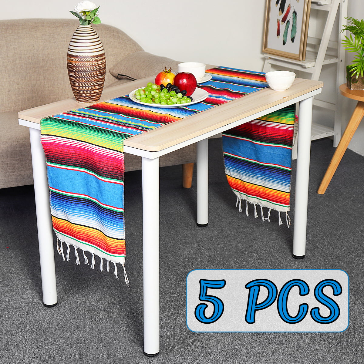 2 Pack 14 by 84 Inch Mexican Table Runner 14 x 84 inch Mexican Party Wedding Decorations Fringe Cotton Serape Blanket Table Runner （Green
