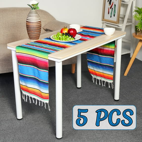 5 Pack Mexican Serape Table Runner, 14 x 84 Inch Hand-Woven Serape Blanket Colorful Striped Mexican Table Runner Fiesta Party Wedding Decor, Ceremony, Fringe Cotton Table Runner