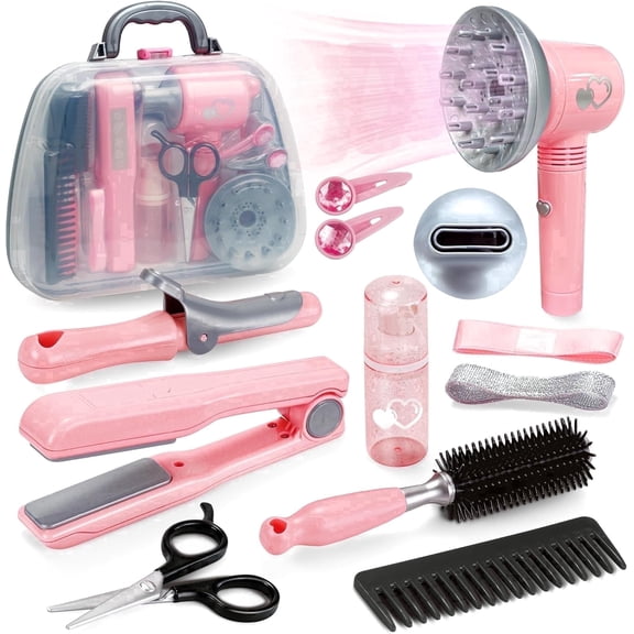 YCFUN Kids Hair Salon Playset, Pretend Play Beauty Salon Toy with Real Air Hair Dryer & Storage Bag, Hair Stylist Kit Gift for Kids Girls Ages 3