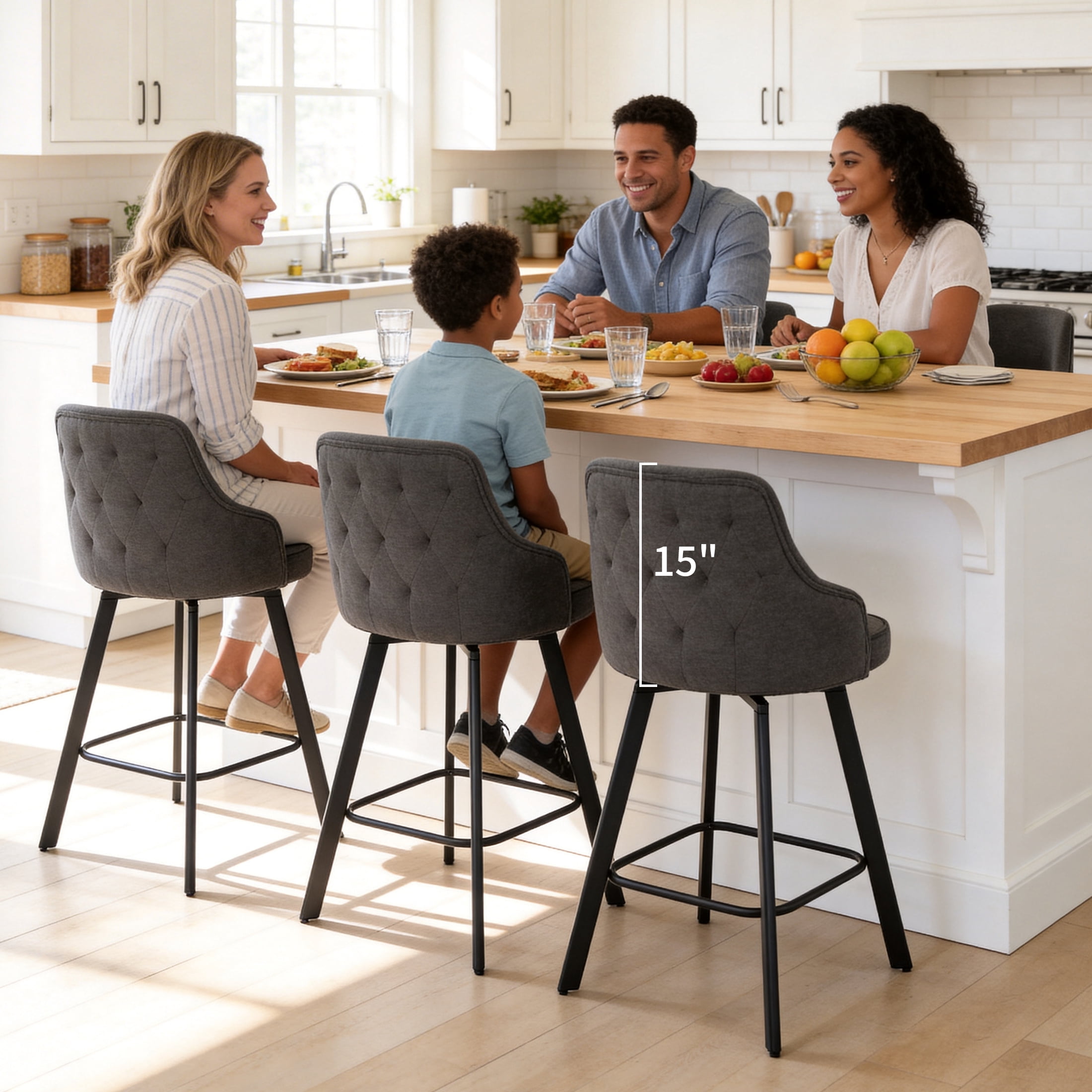 FIRAVOE Bar Stools Set of 3, 26" Swivel Barstools Counter Height Bar Stools with High Back, Linen Bar Chairs Counter Stools for Kitchen Island, Gray