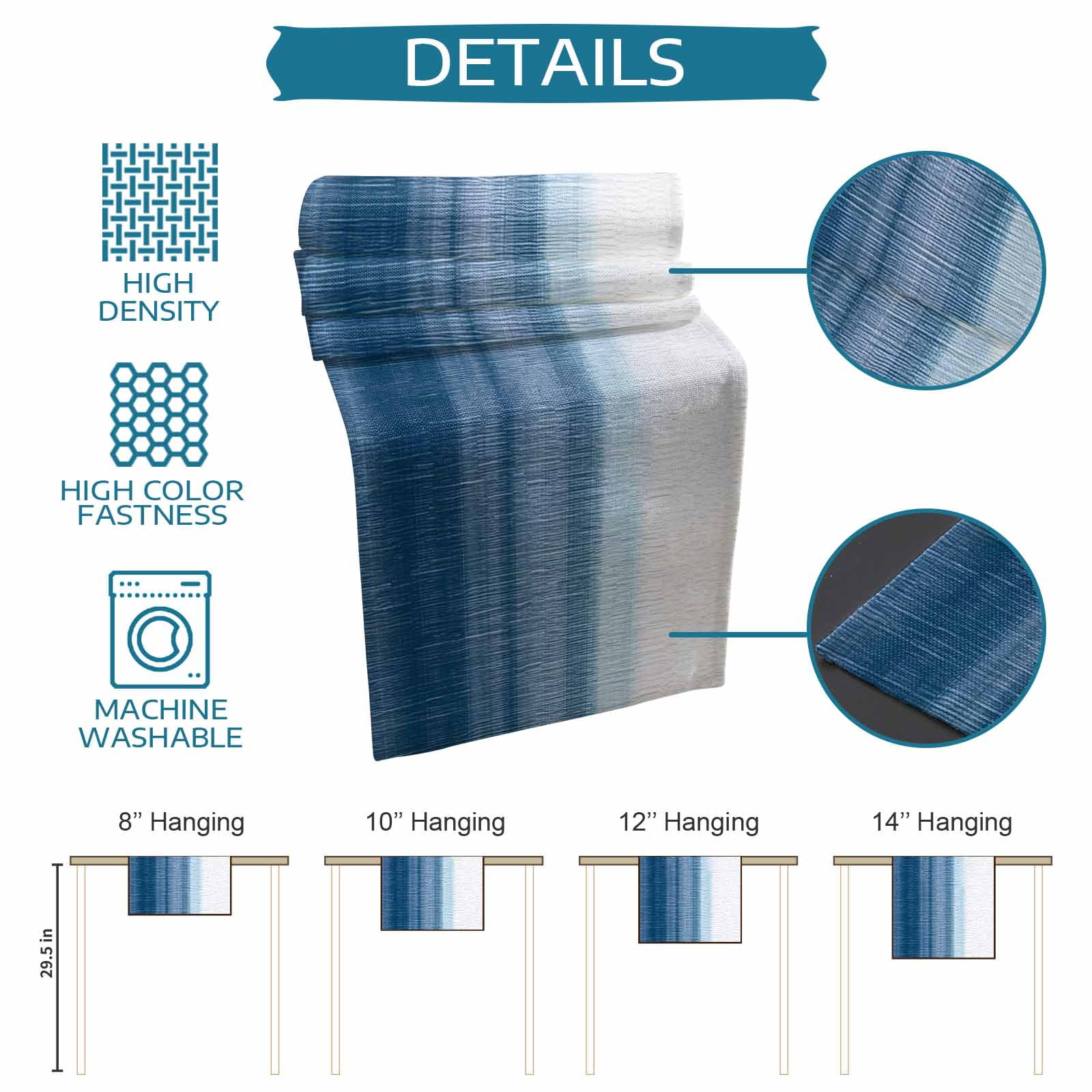 Haze Blue White Ombre Table Runner, Vintage Gradient Striped Aesthetics Washable Cotton Linen Table Runners 60 Inches Long, Dresser Scarf Runner for Coffee/TV Stands/Kitchen/Cabinets 13''x60''