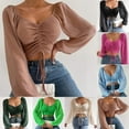 thumbnail image 6 of Women Tops Puff Sleeve Close-Fitting Drawstring V-Neck Hot Tee Shirts, 6 of 9