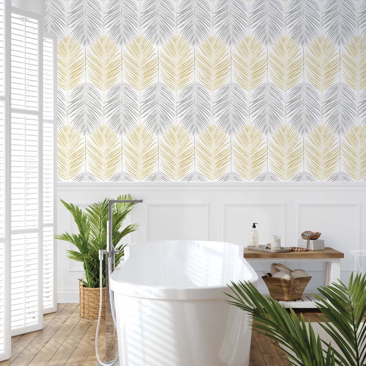 NextWall  Two Toned Palm Peel and Stick Wallpaper 20.5 in. W x 18 ft. L - Wheat & Daydream Grey