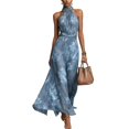 thumbnail image 5 of BODOAO Maxi Dresses for Women Floral Halter Neck Sleeveless Chiffon Pleated Long Dress, Flowy Summer Wedding Guest Outfit for Beach Vacation and Special Events Light Blue S, 5 of 7