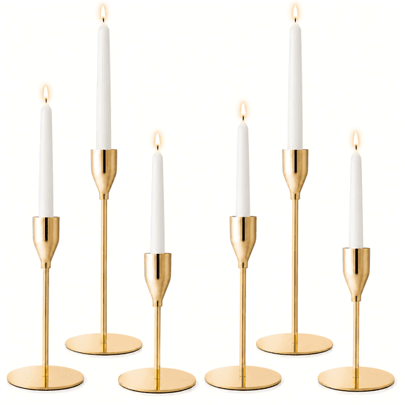 Efoee Set of 6 Gold Candle Holders for Taper Candles, Metal Table Mantel Decorative Candlestick Holders for Wedding, Dinning, Party, Fits 3/4 inch Thick Candle