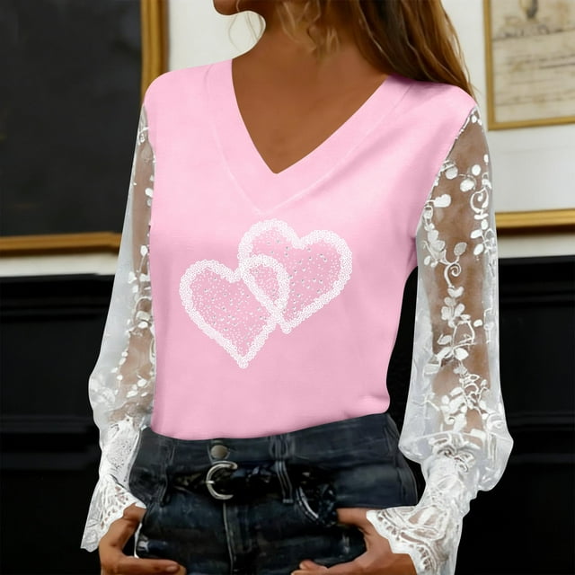 Xuyuer Women's Romantic Lace Insert V-Neck Blouse with Floral Print and Delicate Sleeves, Feminine Elegant Top for Date Nights, Garden Parties and Special Occasion Outfits