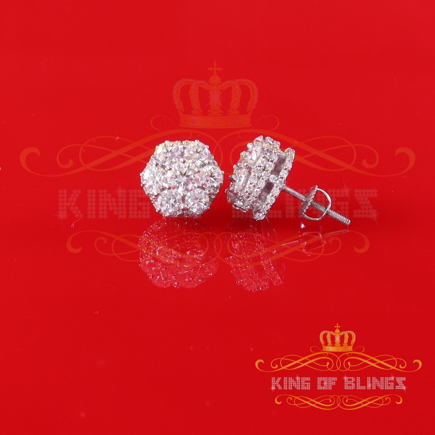 King of Bling's Men's/Women's 925 Silver White 2.00ct VVS 'D' Moissanite Floral Stud Earrings