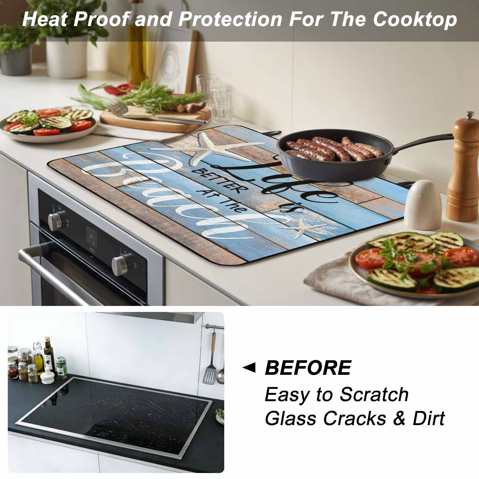 Blue Beach Stove Top Cover for Electric Stove, Heat-proof & Non Slip Glass Top Stove Cover Protector, Coastal Starfish Graffiti Retro Wooden Plank Kitchen Flat Cooktop Rubber Mat 24x21 Inches