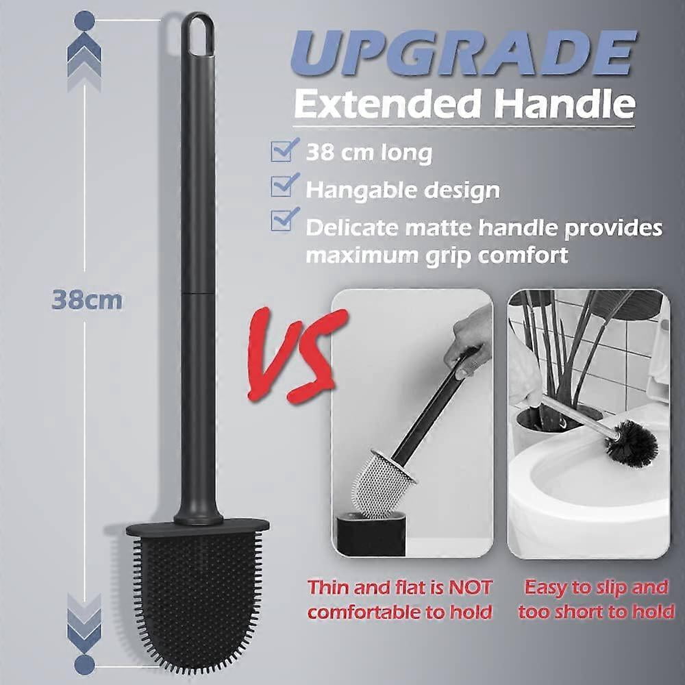 Silicone Toilet Brush with Holder Set -  Bristles Toilet Brush Bendable Quick Drying Flooring Wall Mounted   Toilet Bathroom, Black