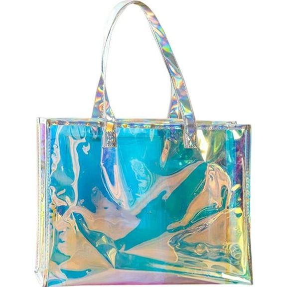 Large Holographic Tote Bags with Handles Iridescent Beach Bags Waterproof Handbag Clear Beach Tote Bag for Work Stadium Travel