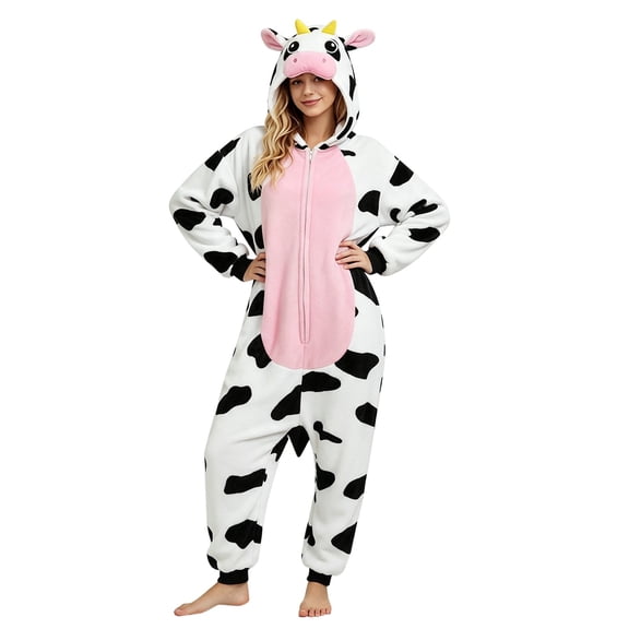 CQXIDFH Adult Onesies for Women Unisex Cow Print Flannel Hooded Jumpsuit Cosplay Costume for Adults Couples Loungewear & Fun Events Soft Comfortable Pajamas for Sleeping