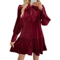 thumbnail image 3 of Robe Babydoll Mini en Velours à Manches Longues pour Femme, Coupe Ample, Col à Nœud, Robe Droite, Rouge Vin, G, 3 of 10