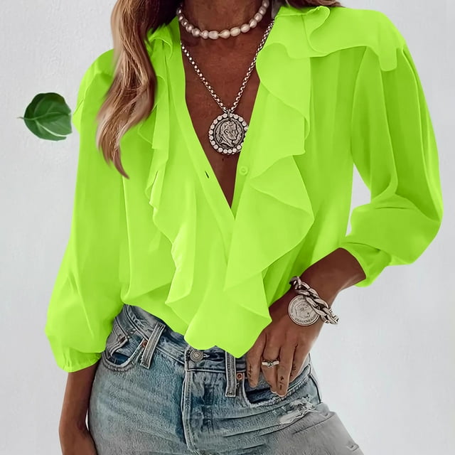 Women's Casual Long Sleeve V-Neck Ruffle Blouse Top for Spring and Summer