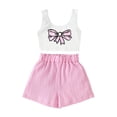 thumbnail image 2 of Girls 2 Piece Summer Outfit Sets Bow Print Crop Tank Top & Elastic Waist Crinkle Shorts Casual Breathable Clothes for Kids Pink Size 11-12 Years, 2 of 5