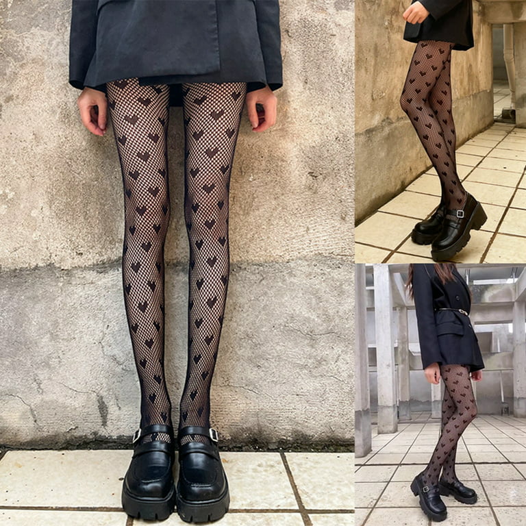 Black Patterned Pantyhose with Heart and Dot Design