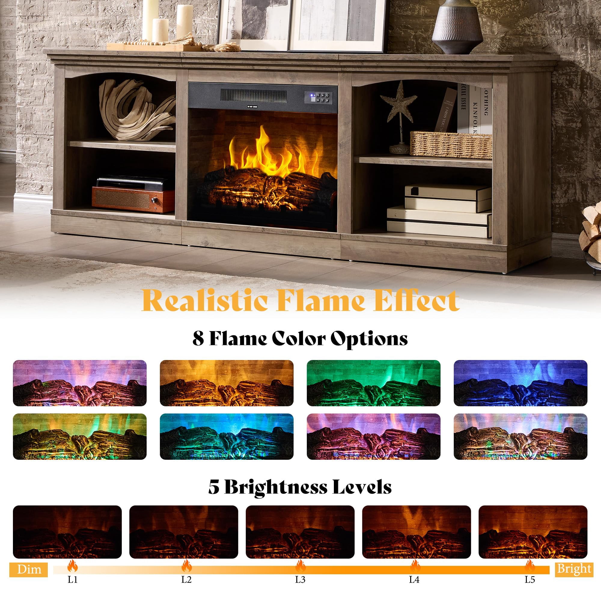 Merluxy 70" Fireplace TV Stand for TVs up to 80", Farmhouse Entertainment Center with 23" Electric Fireplace, Rustic Grey