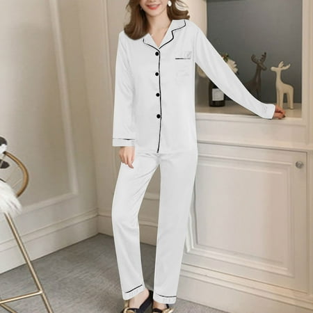 

Clearance Set!MIARHB Women s Satin Long Sleeve Button Pajamas Lapel Homewear Two-Piece White L