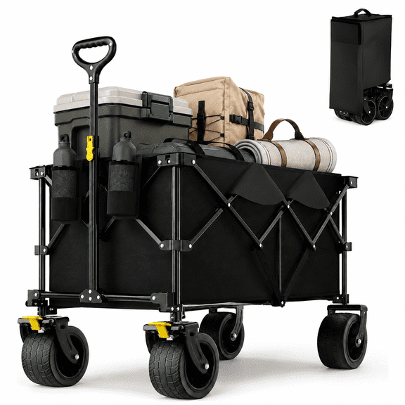 YeneSen Heavy Duty Collapsible Wagon Cart, 200L Folding Utility Wagon with 6.3" All-Terrain Wheels, Adjustable Handle, 600 lb Static Capacity, Black