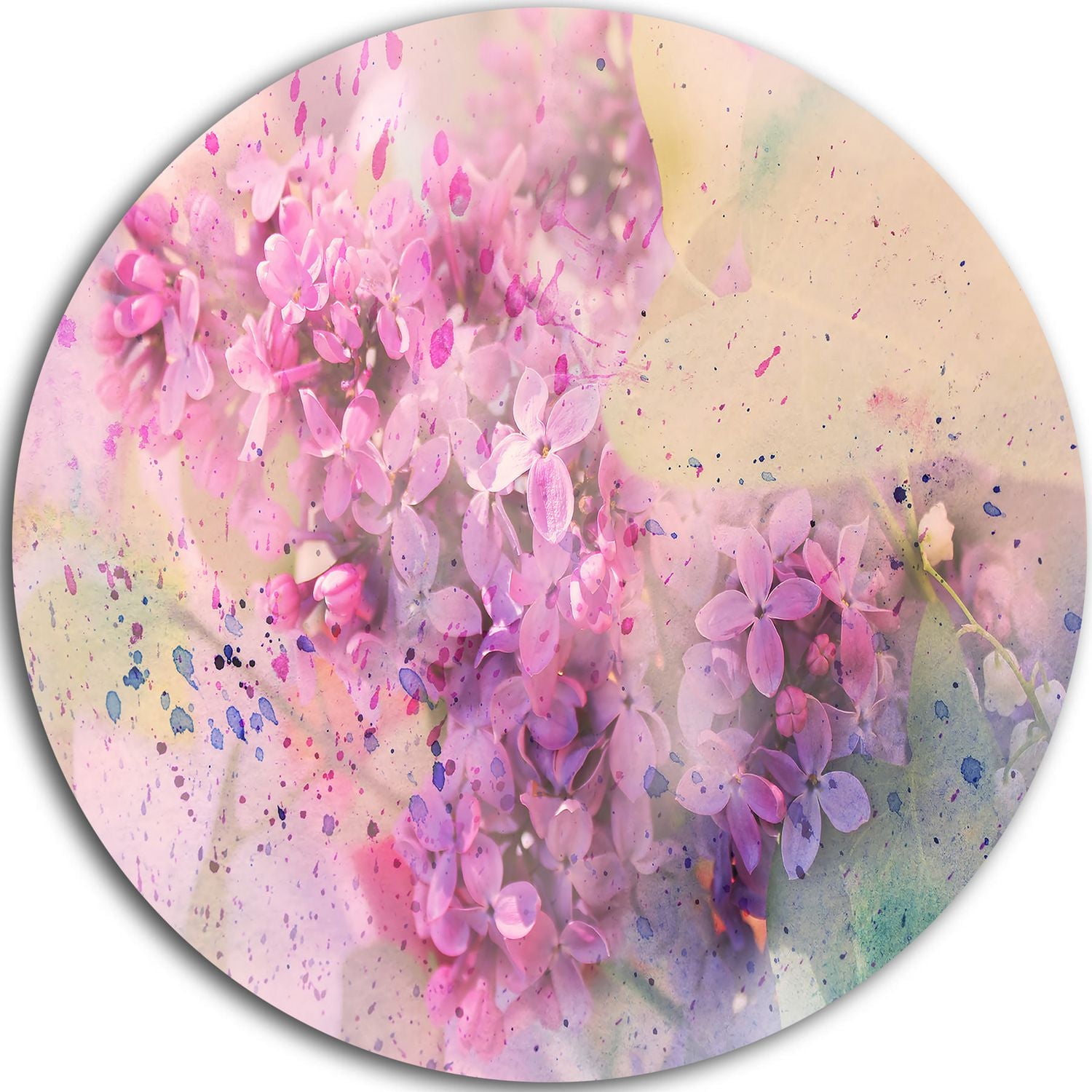 Design Art Twig of Lilac Flowers' Ultra Glossy Floral Metal Circle Wall Art