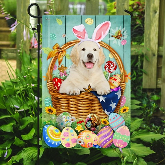 Easter Bunny Eggs Golden Retriever Flag, Outdoor Easter Decoration - Garden Flag (11.5" x 17.5")