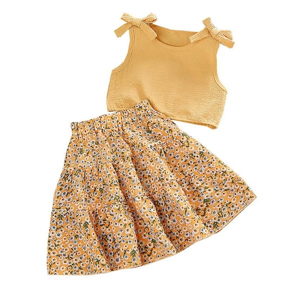 KAUOD Toddler Girl Outfits Toddler Kids Girls Summer Sleeveless Solid Bowknot Tops Blouse Floral Skirt Outfit Clothes Set 2PCS