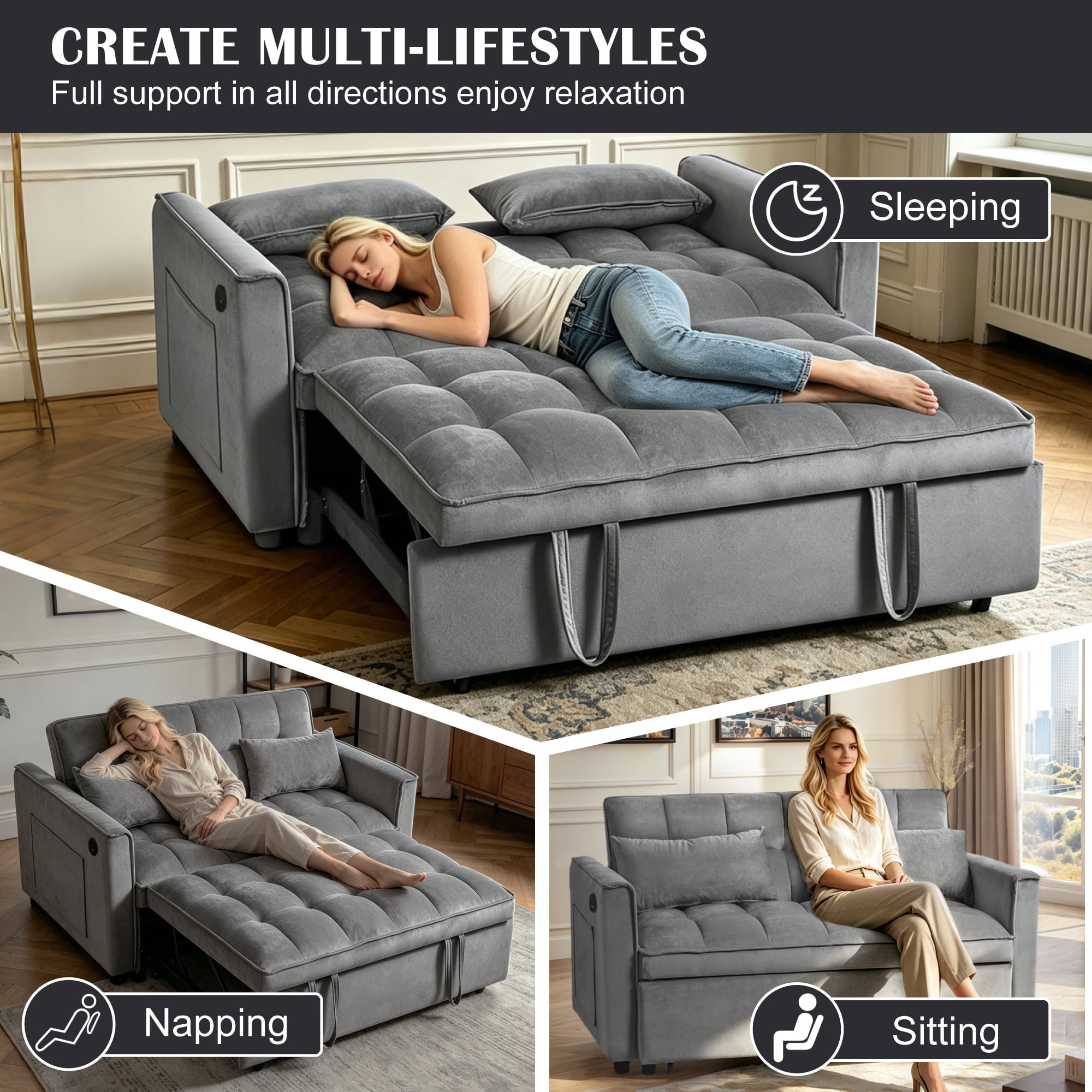 Gewnee 3-in-1 Convertible Sofa Bed and Loveseat Sleeper, Velvet Pull Out Couch with USB & Side Pockets, Dark Grey, Living Room & Apartment
