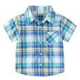 thumbnail image 2 of FINALGANG Toddler Boys Kids Lapel Collar Short Sleeve utton Front Plaid Check Print Bust Pocket Regular Fit Casual Woven Shirt For Daily Wear Summer Outdoor Activities Casual Top Blue 10-11 Years, 2 of 5