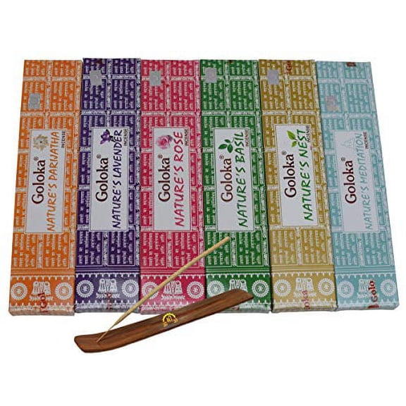 GOLOKA Pack of 6 Boxes 15gms Each Nature's Collection Lavender, Rose, Parijatha, Basil, Nest and Meditation Includes a Incense Holder from OM SHRI OM