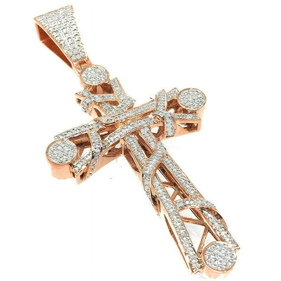 Unisex Real Genuine Diamonds Holy Jesus Cross Pendant Charm 10K Rose Gold Finish 2.75''