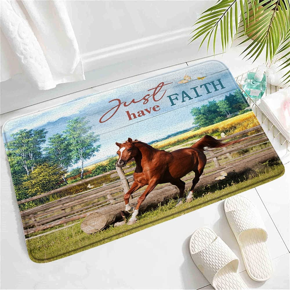 Western Horse Bath Mat,Rustic Farmhouse Running Animal Vintage Farm Barn Windmill Wooden Fence