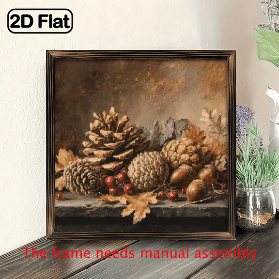 2D Flat 1pc Vintage Autumn Wall Art - Pinecone Fall Leaves Painting in Golden or Black Frame, 8x8 Inches Country Style Home Decor, Thanksgiving Christmas Gift for Family Friends, 2D Flat, Perfect