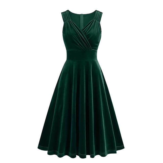 Penkiiy Robes en Velours pour Femmes, Robe Rétro Trapèze, Robes Formelles pour Invitées de Mariage Cocktail Noël Fêtes Robes L Vert